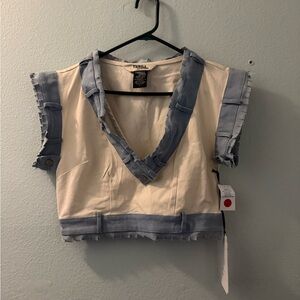 Thrill Cream and Blue Denim Accent Crop Top